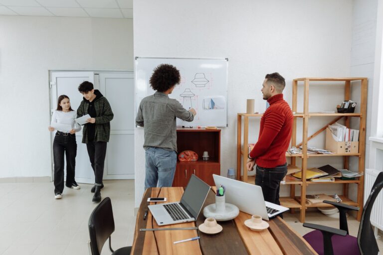Team collaborating around