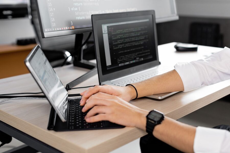 Office workers using