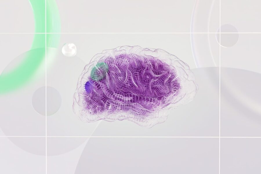 3D rendered abstract design featuring a digital brain visual with vibrant colors.
