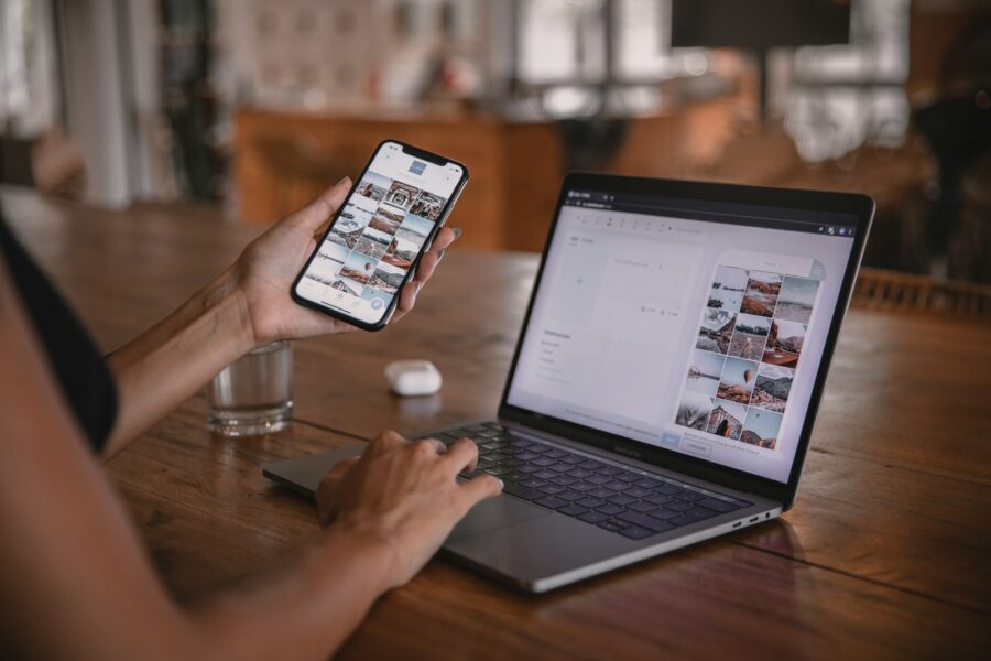 Woman laptop smartphone